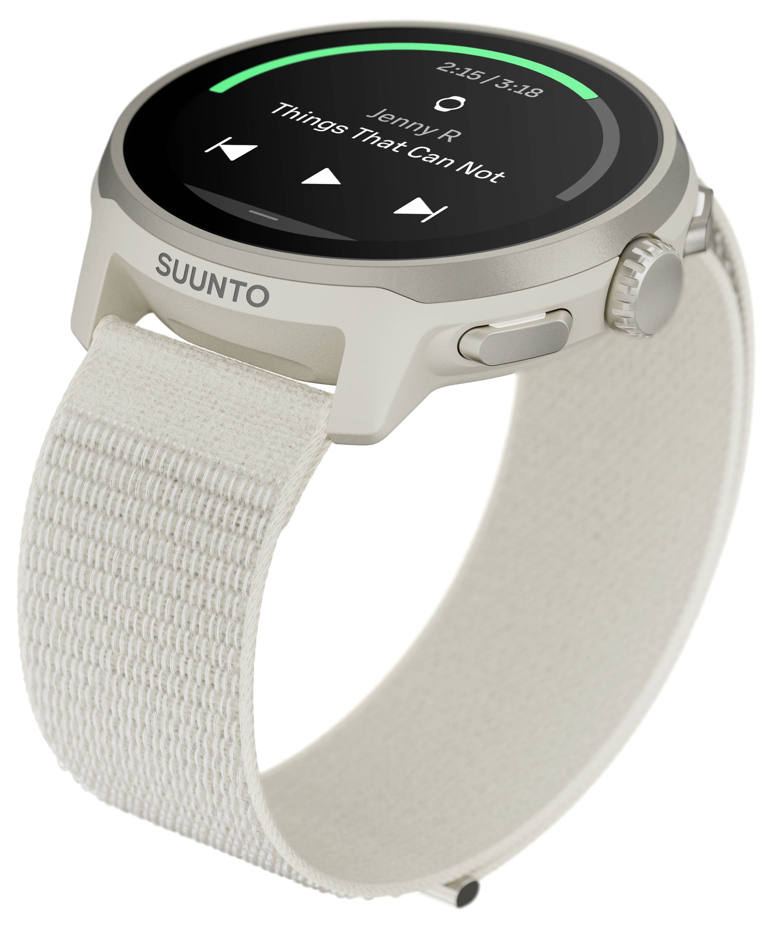Eine Smartwatch mit rundem Display zeigt eine Musikplayer-Oberfläche, auf der der Song ‚Things That Can Not' von ‚Jenna R' angezeigt wird.