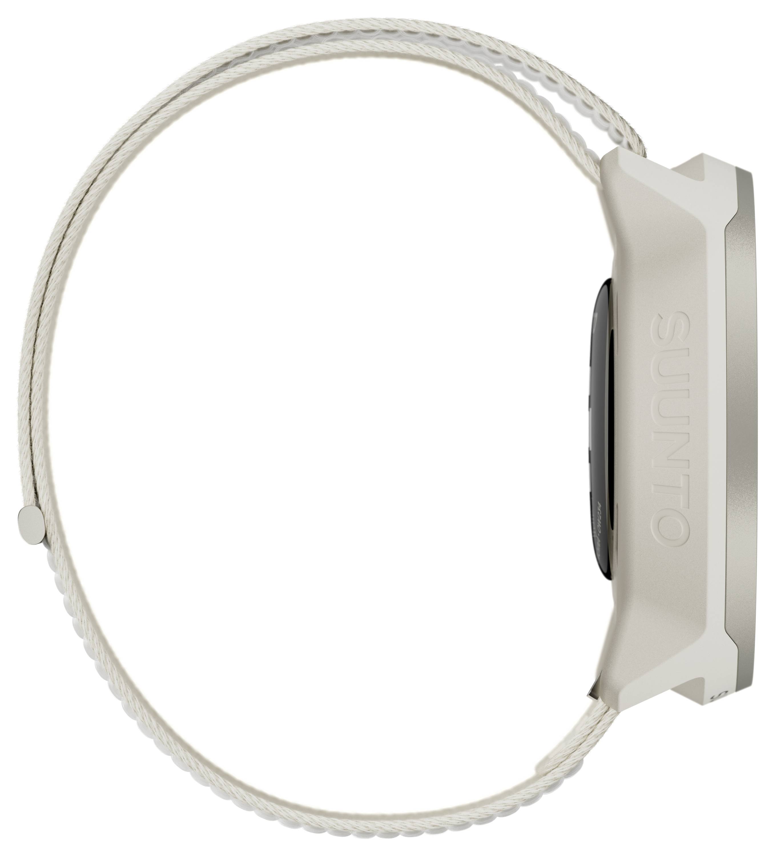 Eine Seitenansicht einer beigen Smartwatch mit einem seilartigen Armband und dem Markennamen, der seitlich eingeprägt ist.