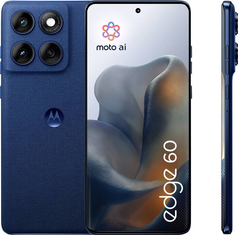 Vorder- und Seitenansicht eines blauen Smartphones mit drei Rückkameras und einem Display, auf dem "moto ai edge 60" zu sehen ist.