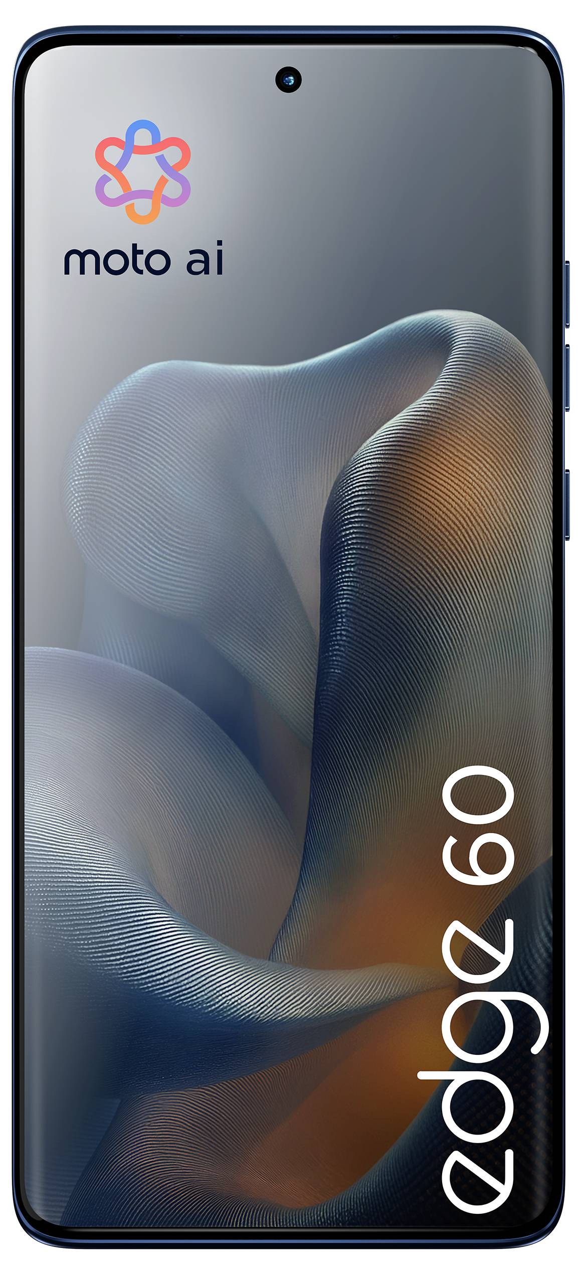 Smartphone-Display, das das 'moto ai'-Logo oben, abstrakte Kunst und den Text 'edge 60' unten zeigt.