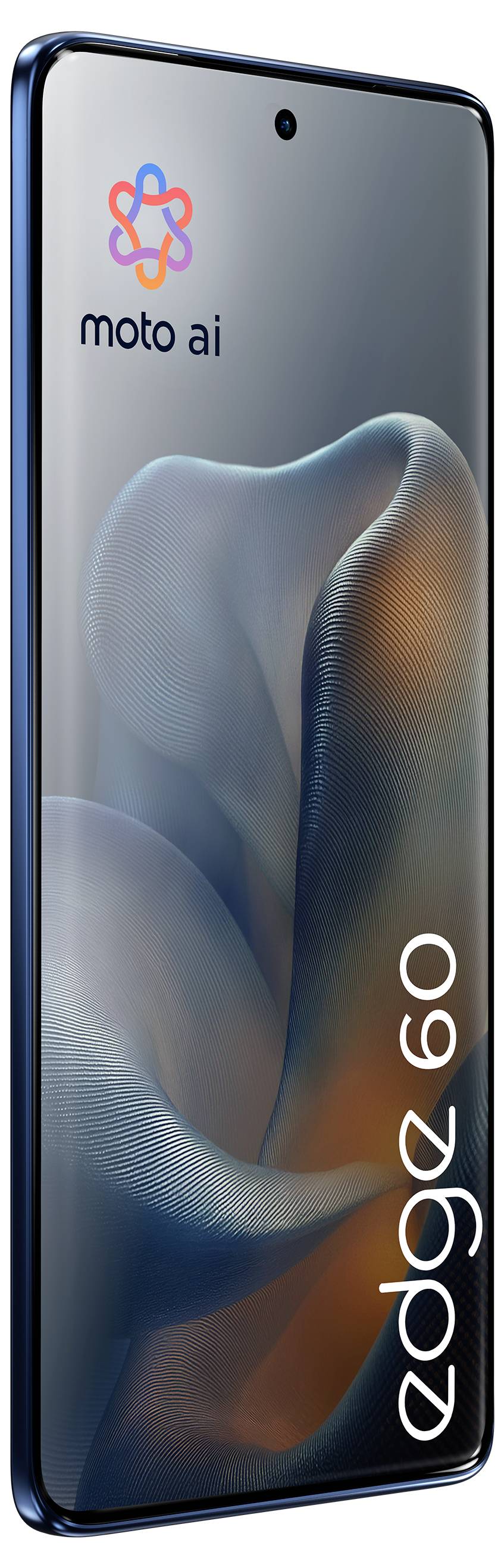 Smartphone-Bild, das ein schlankes Design mit abgerundeten Kanten zeigt, wobei auf dem Bildschirm die Markenbezeichnungen 'moto ai' und 'edge 60' zu sehen sind.