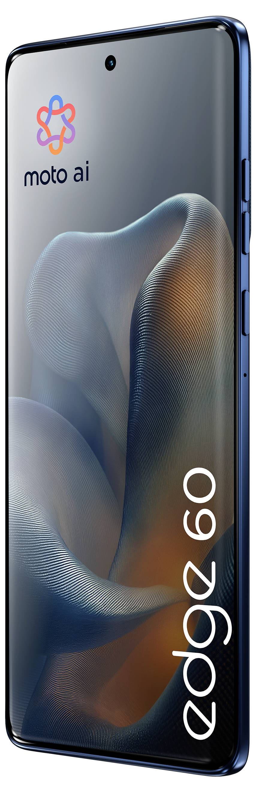 Ein schlankes Smartphone mit einem gebogenen Bildschirm, der wirbelnde abstrakte Farben zeigt. Auf dem Bildschirm steht das Logo 'moto ai' und 'edge 60'.