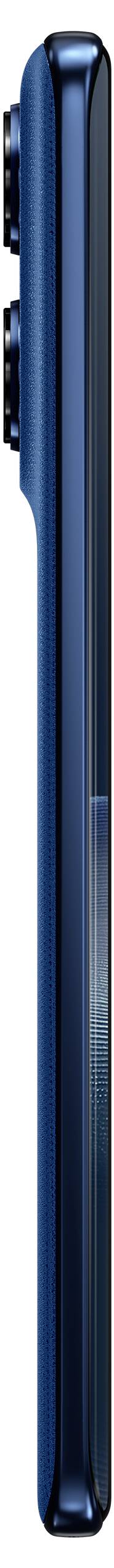 Eine Seitenansicht eines schmalen, modernen Smartphones mit Dual-Rückkameras in metallic-blauer Ausführung.