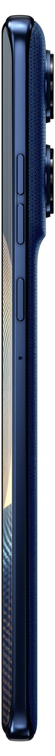 Seitenansicht eines schlanken, blauen Smartphones mit Lautstärkereglern und Dual-Rückkameras.