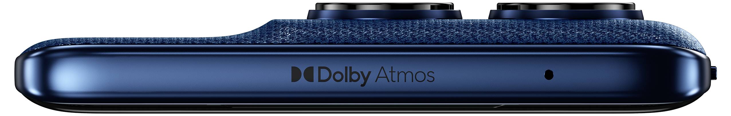 Seitenansicht eines blauen Smartphones mit dem 'Dolby Atmos' Logo, das erhöhte Dual-Kameraobjektive an der Oberseite mit einer strukturierten Oberfläche zeigt.
