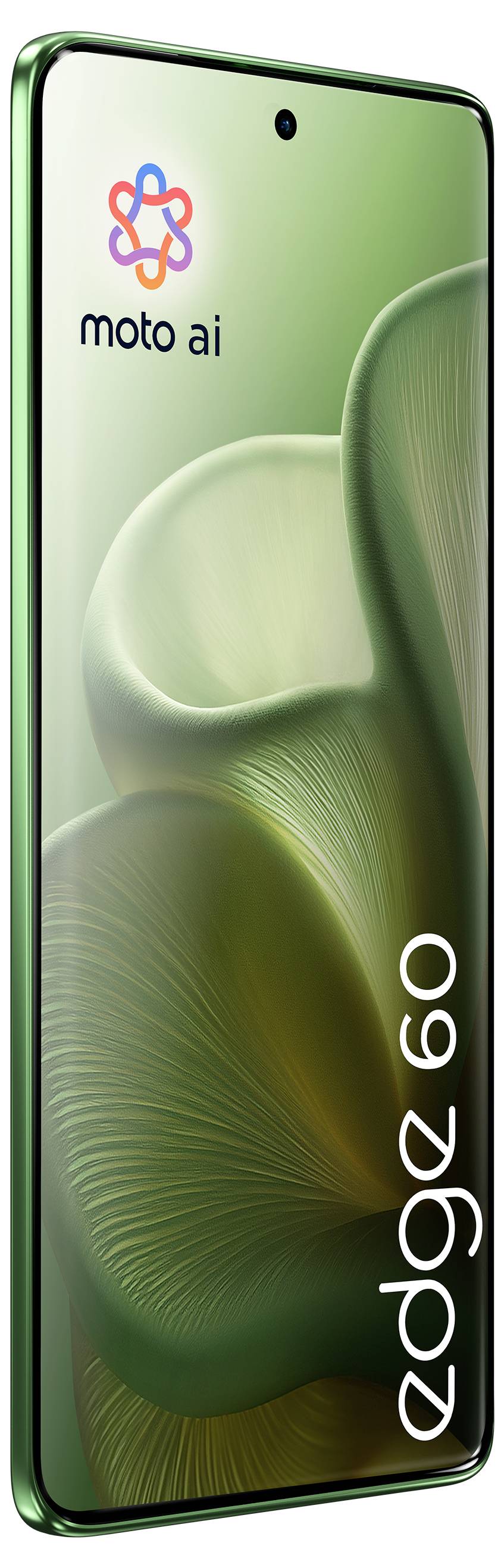 Grünes Smartphone mit 'moto ai' Logo und 'edge 60' Text auf dem Bildschirm, ausgestattet mit einem stilvollen gebogenen Display und elegantem Design.