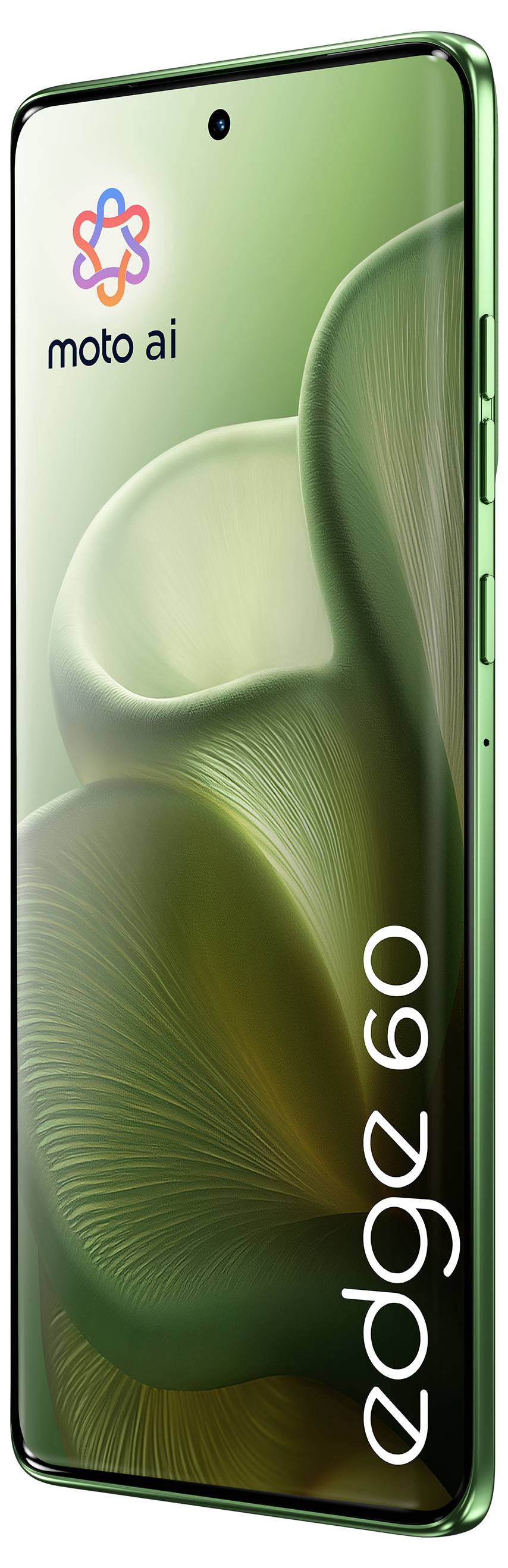 Ein schlankes grünes Smartphone mit der Anzeige 'edge 60' auf dem Bildschirm. Verfügt über einen gekrümmten Display und das 'moto ai' Logo oben.