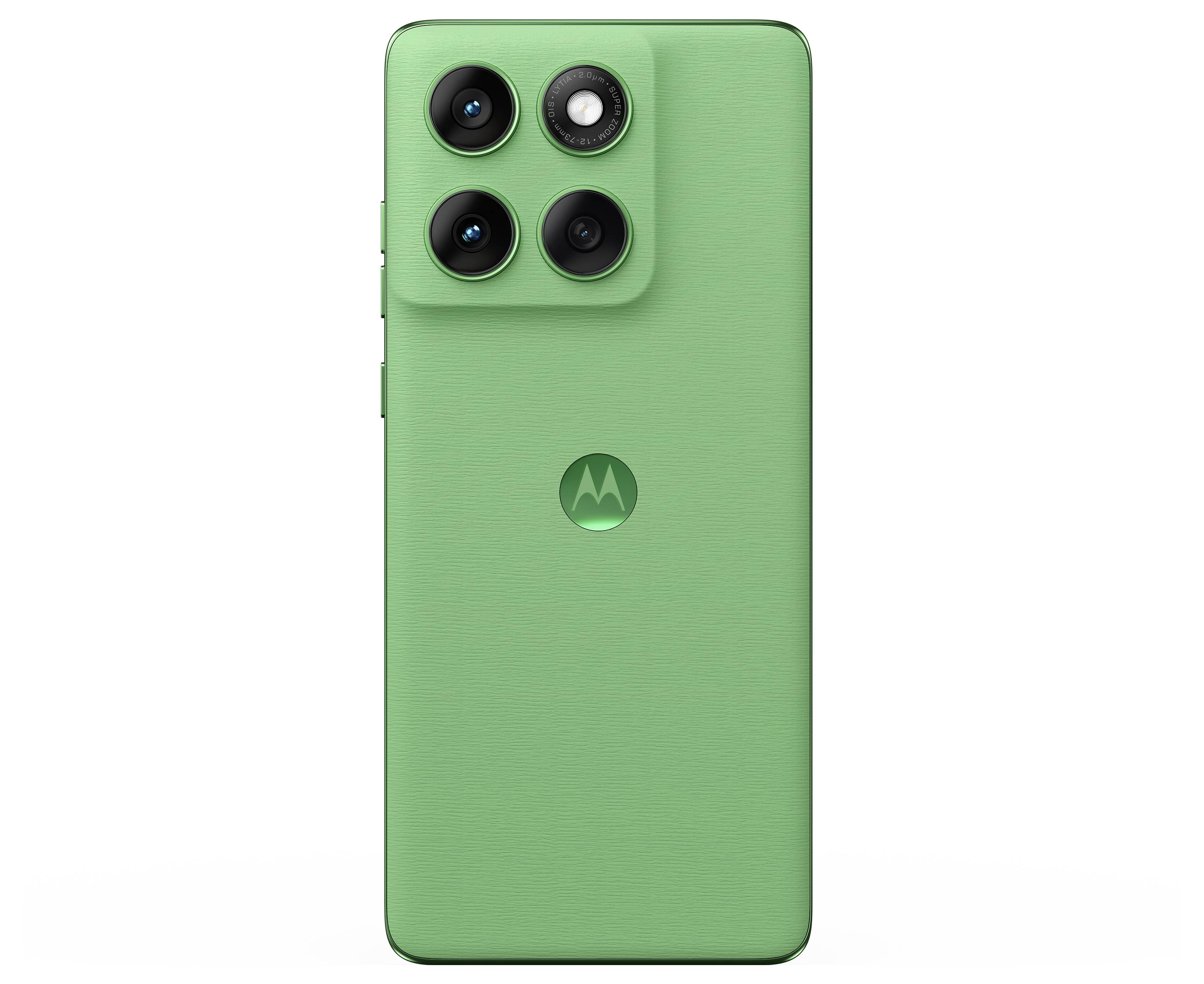 Ein grünes Smartphone mit einer Quad-Kamera-Anordnung auf der Rückseite, auf der in der Mitte das Motorola-Logo zu sehen ist.
