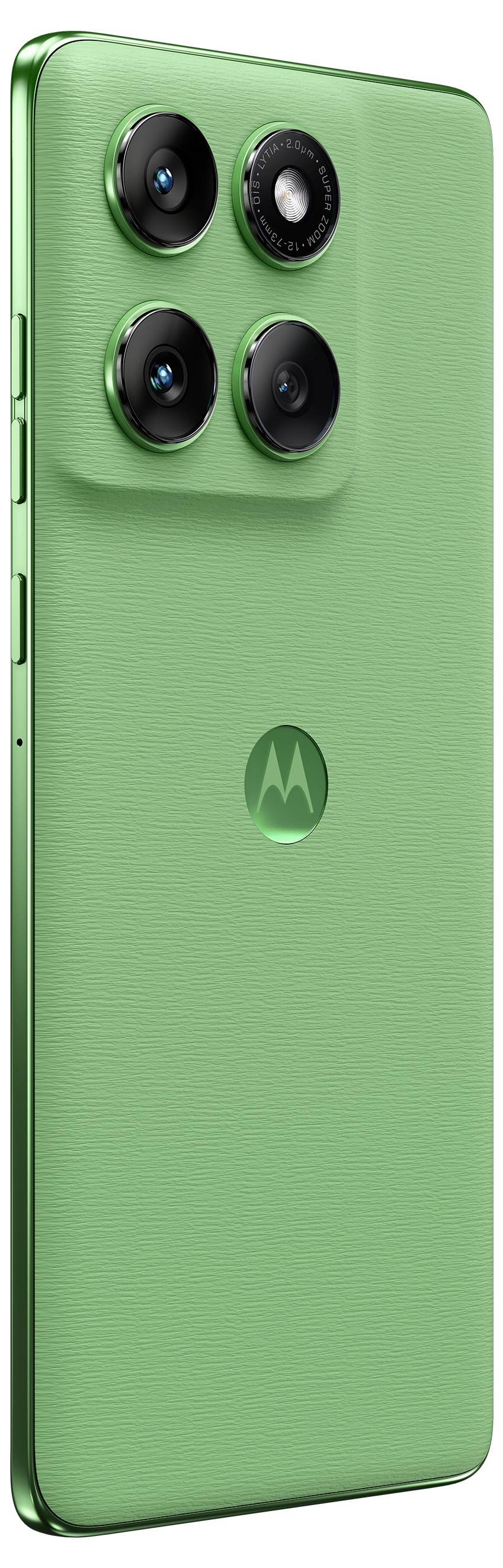 Ein grünes Smartphone mit einer strukturierten Rückseite, die eine Quad-Kamera-Anordnung in der oberen linken Ecke und ein Logo in der Mitte aufweist.