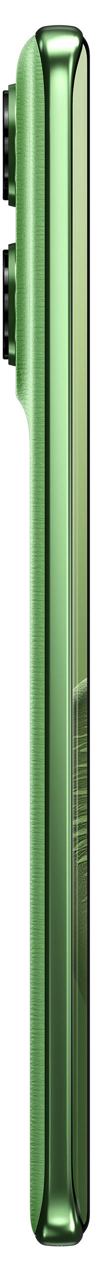 Seitenansicht eines grünen Smartphones mit schlankem Design und doppelter Rückkamera.