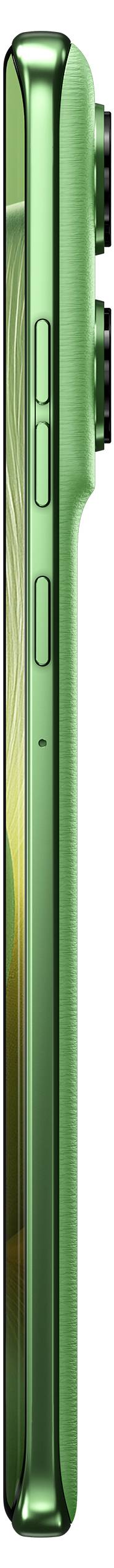 Seitenansicht eines grünen Smartphones mit Laut- und Einschalttasten, Kameraaufsatz auf der Rückseite und elegantem, schlankem Design.