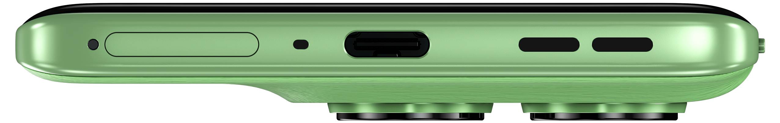 Eine Nahaufnahme des oberen Randes eines grünen Smartphones mit einem USB-C-Anschluss, Tasten und zwei Kameraobjektiven auf der Rückseite.