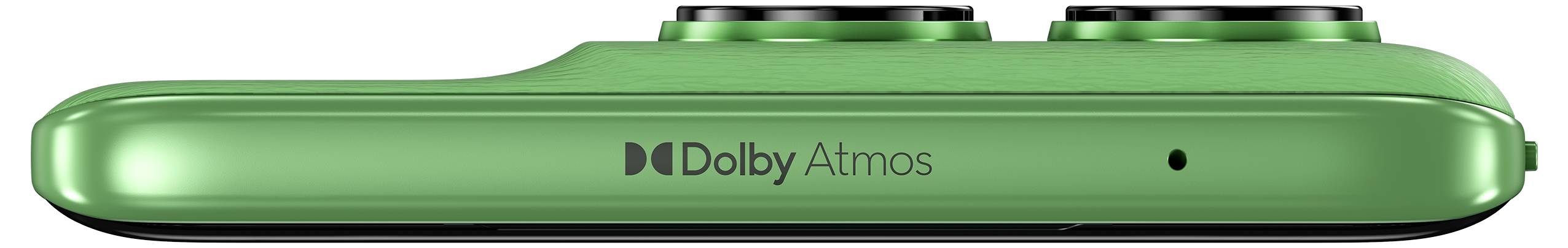 Seitenansicht eines grünen Smartphones mit 'Dolby Atmos' Text, auf der Oberseite mit zwei markanten Kameralinsen.