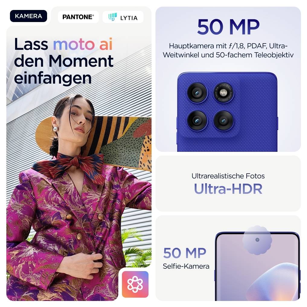 Frau in bunter Jacke wirbt für ein Smartphone mit 50 MP Kamera und Ultra-HDR. Text betont Fotoleistung und innovative Features.