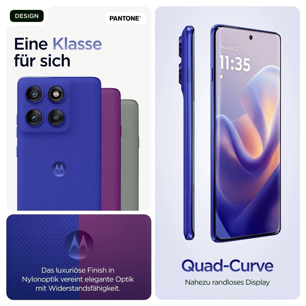 Smartphone mit blauem Gehäuse und gebogenem Display. Text: 'Eine Klasse für sich'. Luxuriöse Nylonoptik und widerstandsfähig.