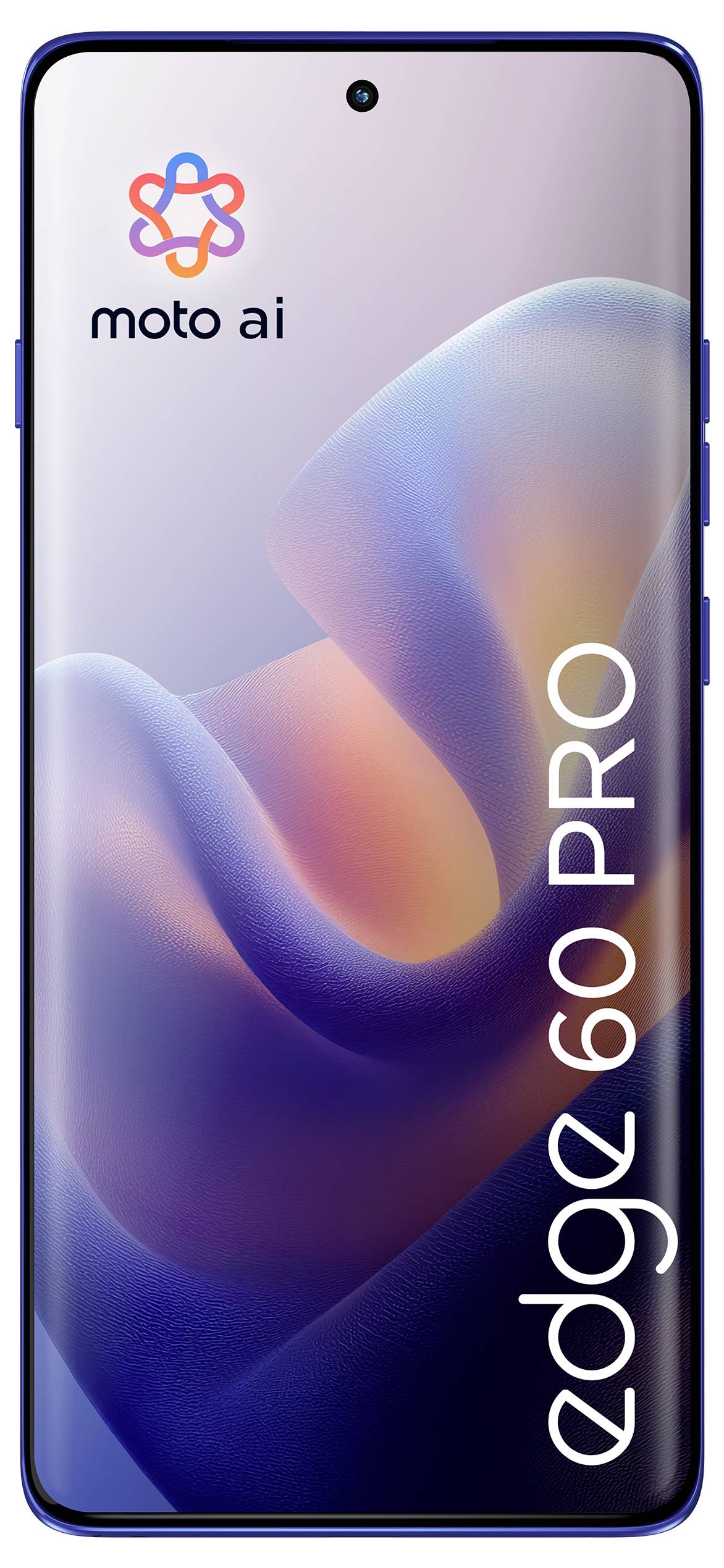 Bild eines Smartphones, das einen bunten abstrakten Hintergrund zeigt. Der Bildschirm zeigt "moto ai" und "edge 60 PRO".