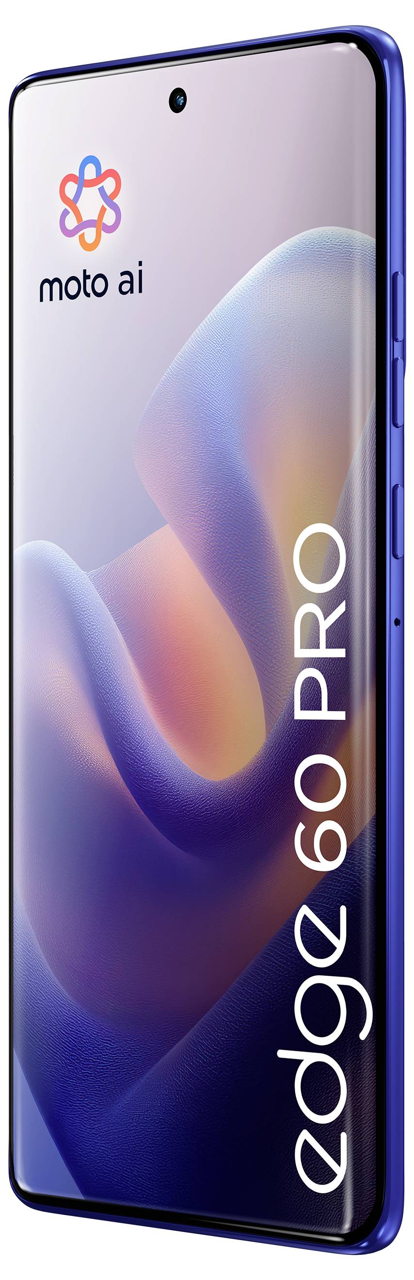 Smartphone mit der Markenbezeichnung 'moto ai edge 60 PRO' mit schlankem Design, gekrümmtem Display und abstraktem, farbenfrohem Hintergrund auf dem Bildschirm.
