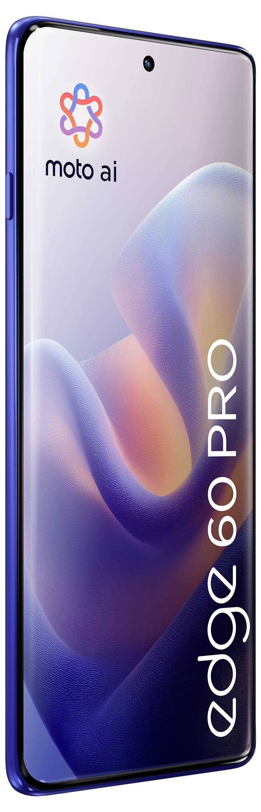 Ein blaues Smartphone mit der Bezeichnung „edge 60 PRO" und dem Logo „moto ai" auf dem Bildschirm, mit elegantem Design und abgerundeten Kanten.