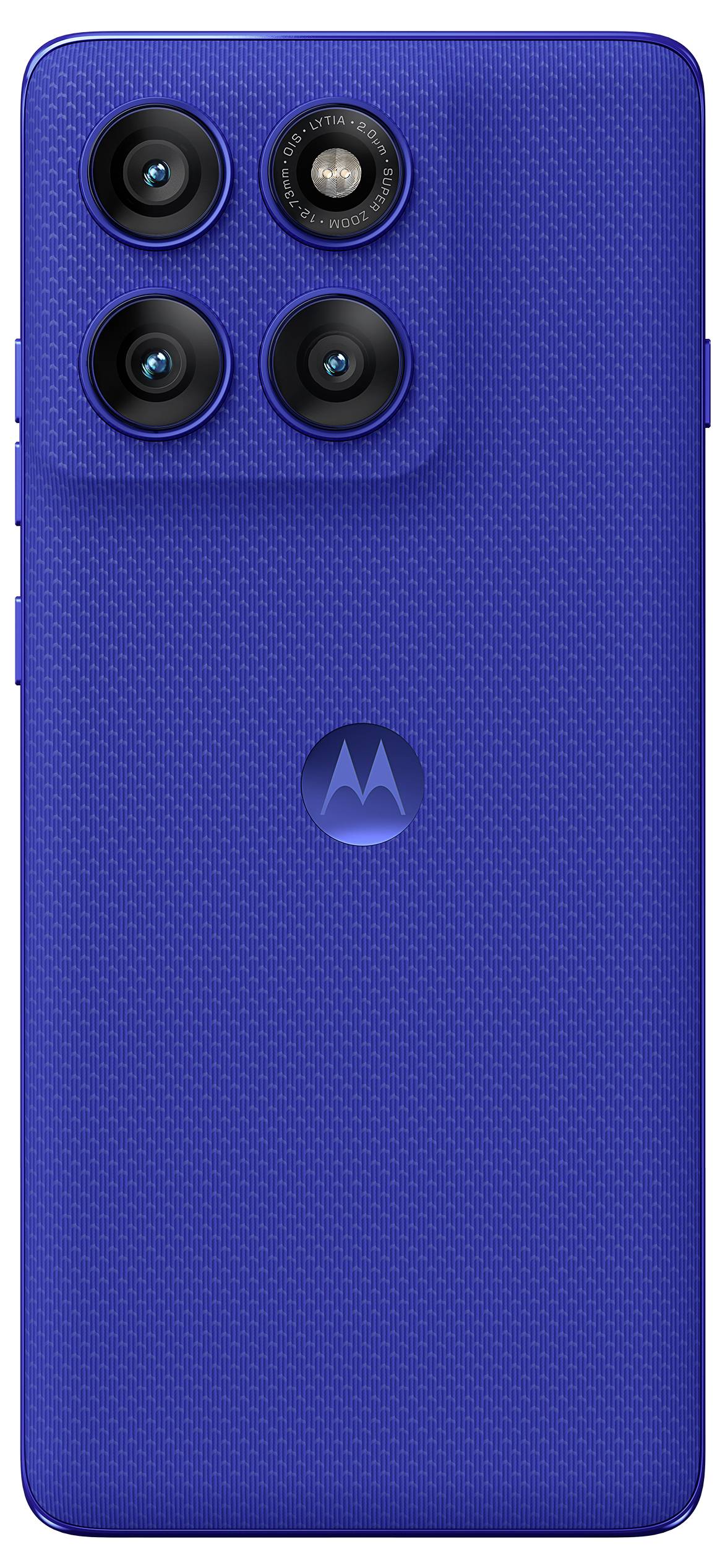 Ein grünes Smartphone mit vier rückseitigen Kameras und einem Motorola-Logo, mit einem Pantone-Farbindikator am unteren Ende.