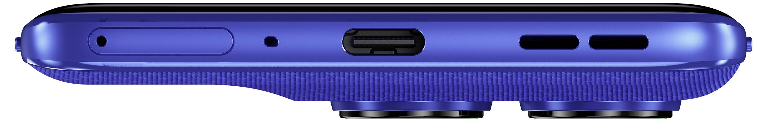 Ein Nahaufnahme der Seite eines blauen Smartphones, das Anschlüsse und Tasten zeigt und sein schlankes Design sowie die Kameralinsen an der unteren Kante hervorhebt.