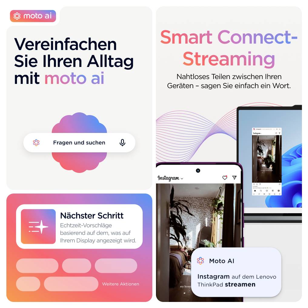 Eine Grafik mit dem Titel 'Vereinfachen Sie Ihren Alltag mit moto ai'. Funktionen: 'Fragen und suchen', 'Smart Connect-Streaming', und 'Nächster Schritt'.