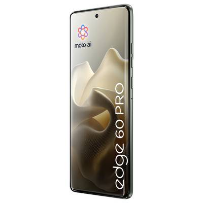 Ein elegantes Smartphone mit dem Logo „moto ai" und dem Text „edge 60 PRO", das auf dem Bildschirm einen welligen, abstrakten beigen Hintergrund zeigt.