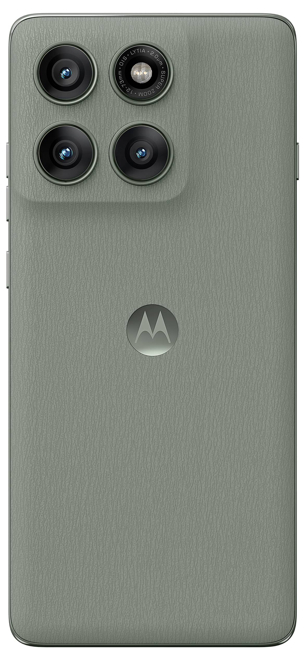 Grünes Smartphone mit vier rückseitigen Kameras in quadratischer Anordnung und Motorola-Logo unterhalb des Kameramoduls.