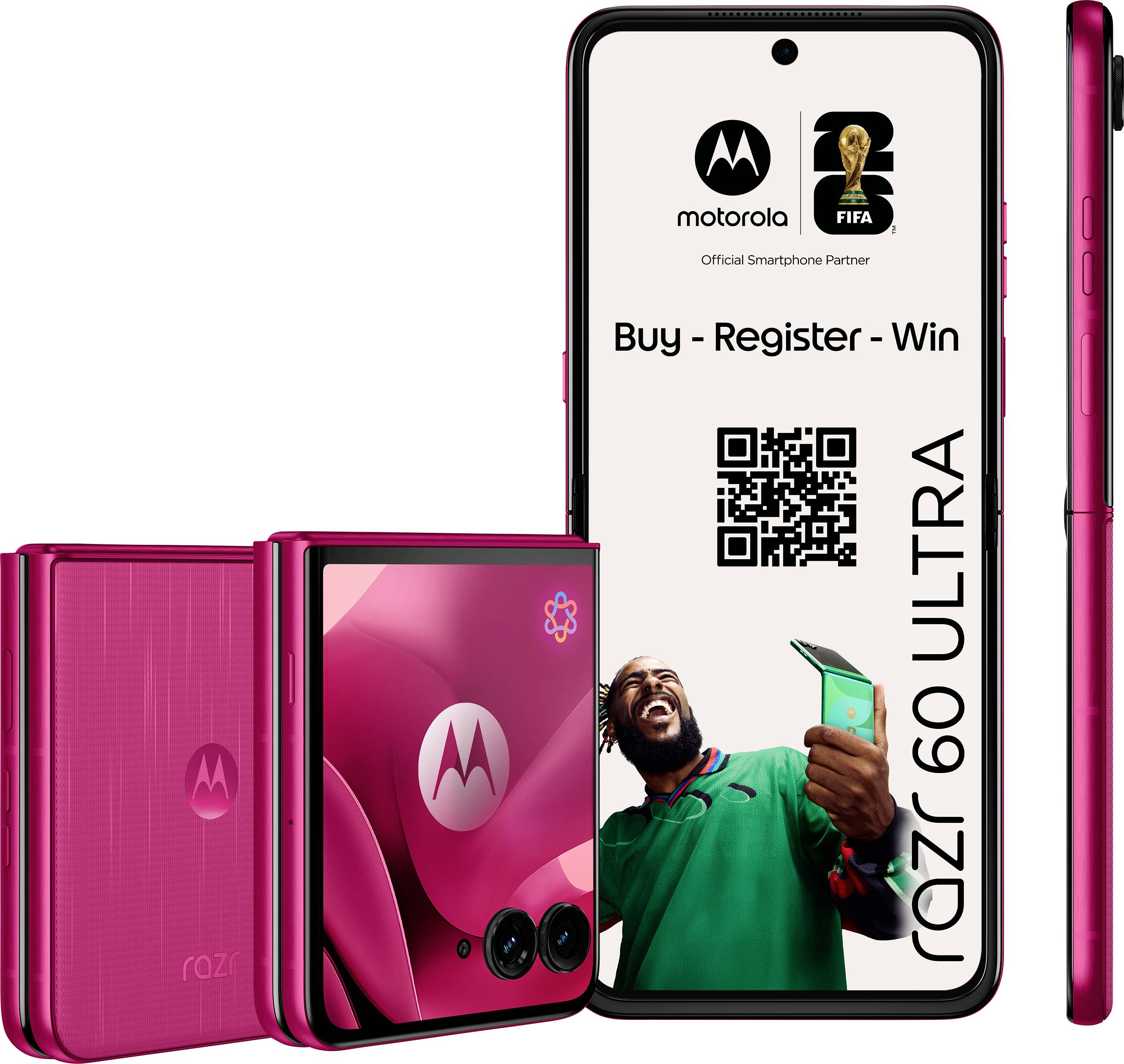 Ein lebendiges rosa Smartphone zeigt eine Nachricht "Kaufen - Registrieren - Gewinnen" mit einem QR-Code. Die Rückseite zeigt das Motorola-Logo; ein Mann jubelt.