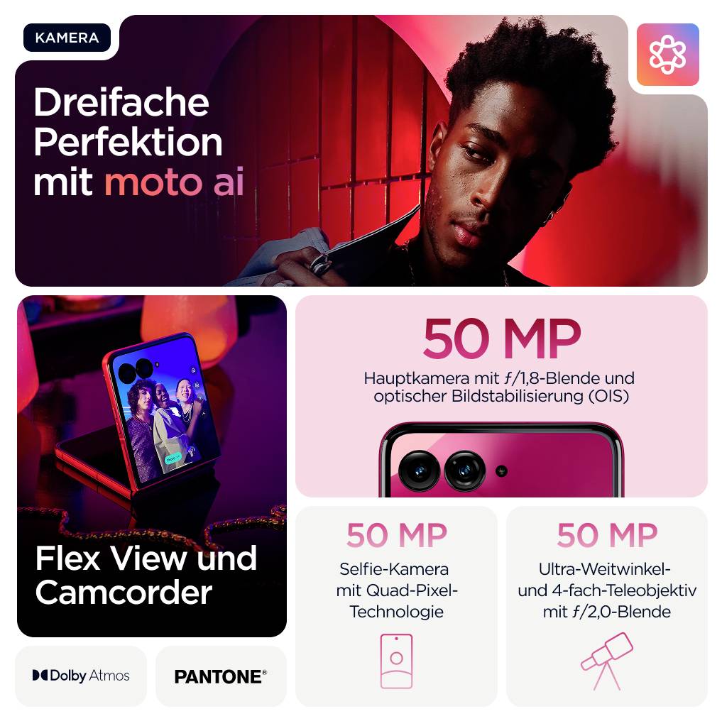 'Werbung für ein Smartphone mit 'Dreifache Perfektion mit moto ai'. Hauptmerkmale: 50 MP Hauptkamera, Flex View, Dolby Atmos, Pantone-Farbunterstützung.'