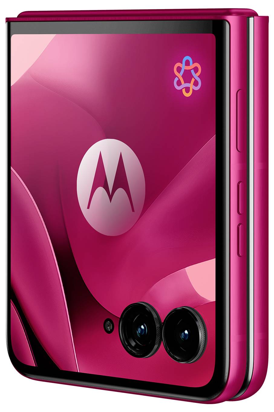 Ein rosa faltbares Smartphone mit dem Motorola-Logo auf der Vorderseite, mit Dual-Kameras und einem farbigen geometrischen Design in der Ecke.