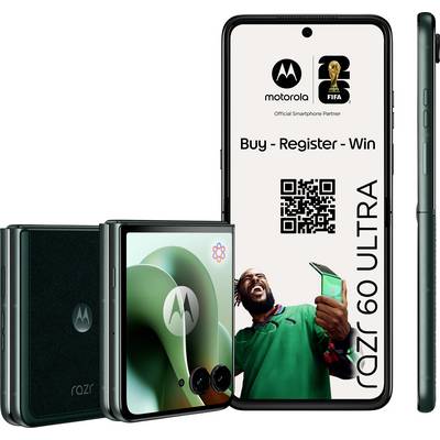 Zwei Motorola Razr 60 Ultra Telefone: eines zusammengeklappt mit Logo, das andere aufgeklappt mit QR-Code. Text: 'Kaufen - Registrieren - Gewinnen'.