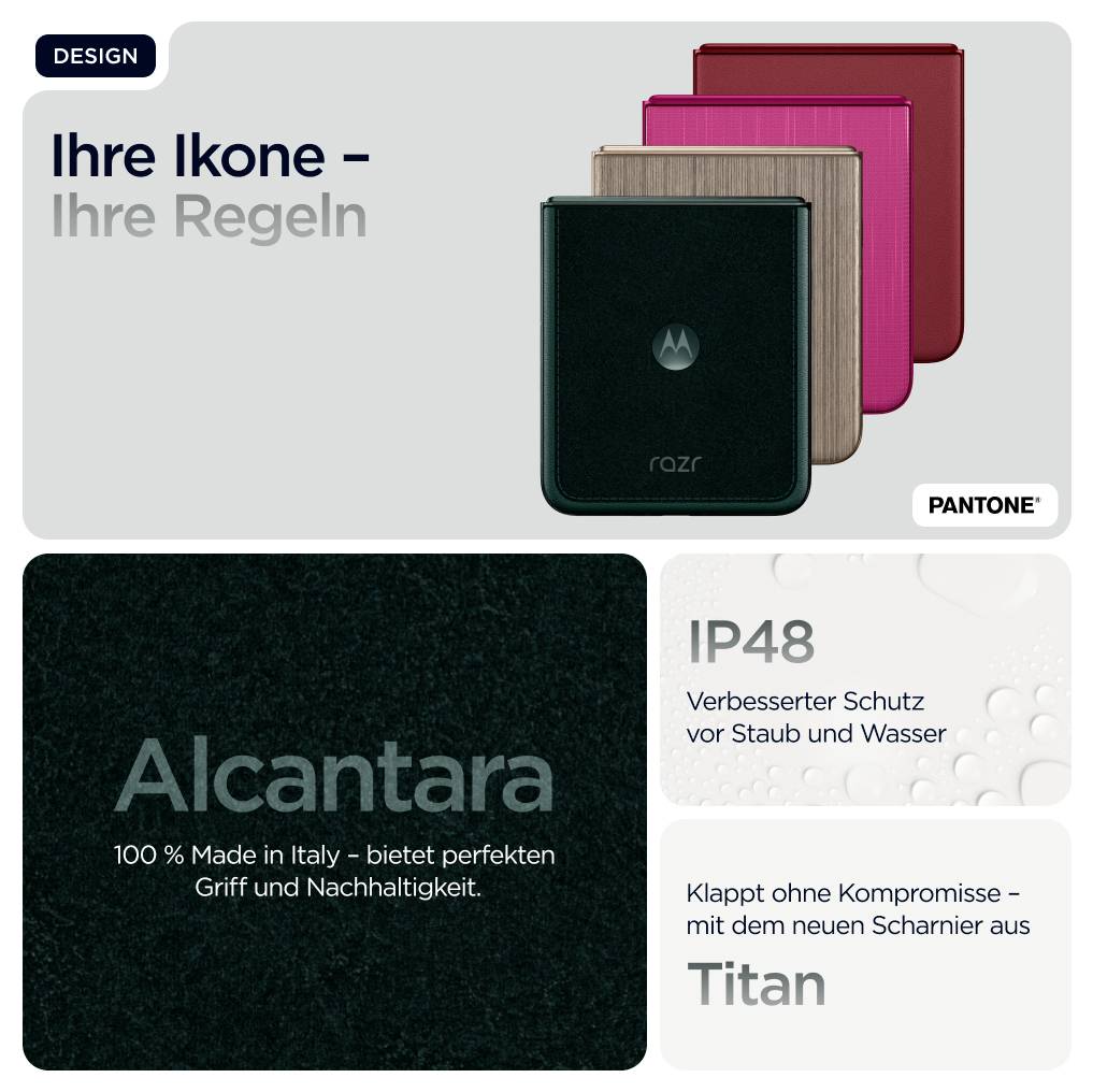 Drei bunte Smartphonehüllen nebeneinander. Textbesonderheiten: 'Ihre Ikone – Ihre Regeln'; Alcantara-Material, Schutzklasse IP48.