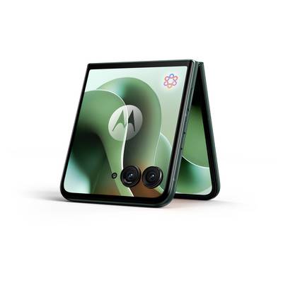 Ein grünes Smartphone mit zwei vertikal ausgerichteten Rückkameras auf der linken Seite und einem Motorola-Logo in der Mitte der Rückseite.