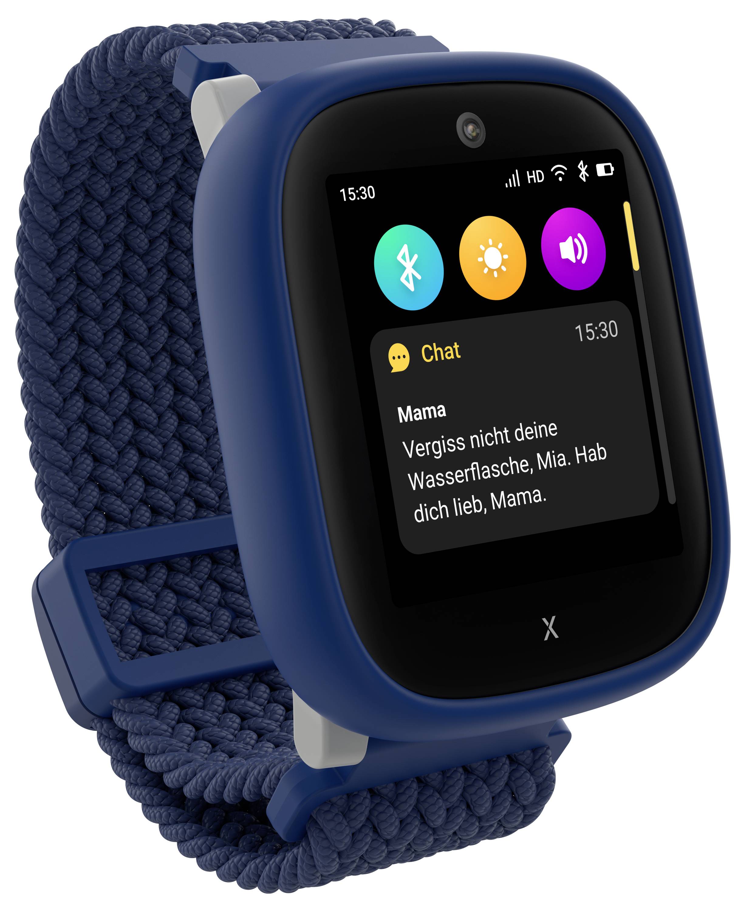 A smartwatch with a blue strap displays a chat notification: 'Don't forget your water bottle, Mia. Love you, Mom.'