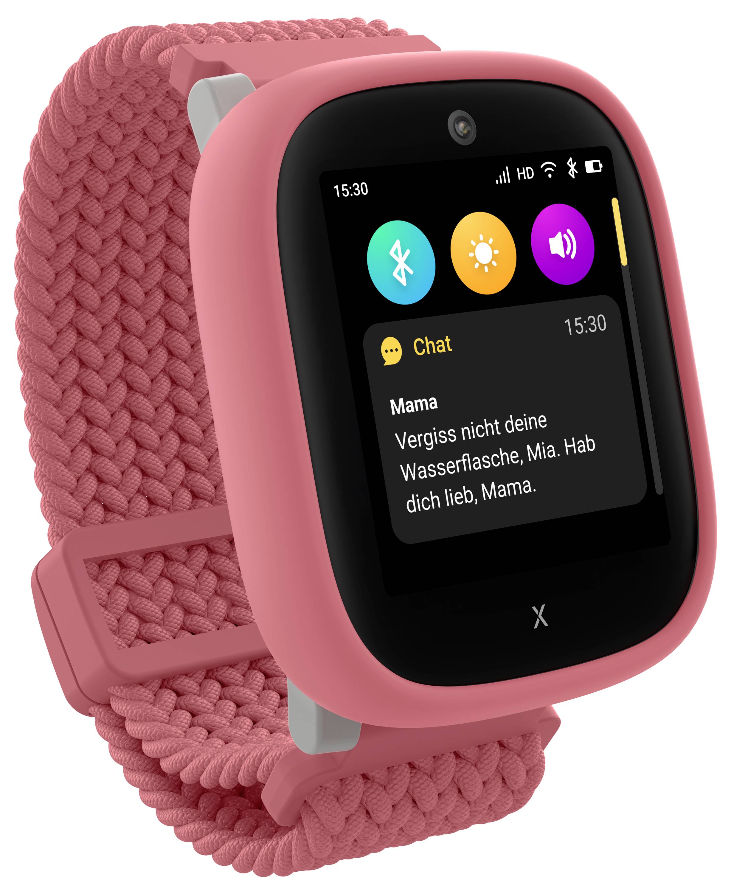 Pink smartwatch with a woven band displaying a chat notification: 'Mom: Don't forget your water bottle, Mia. Love you, Mom.'