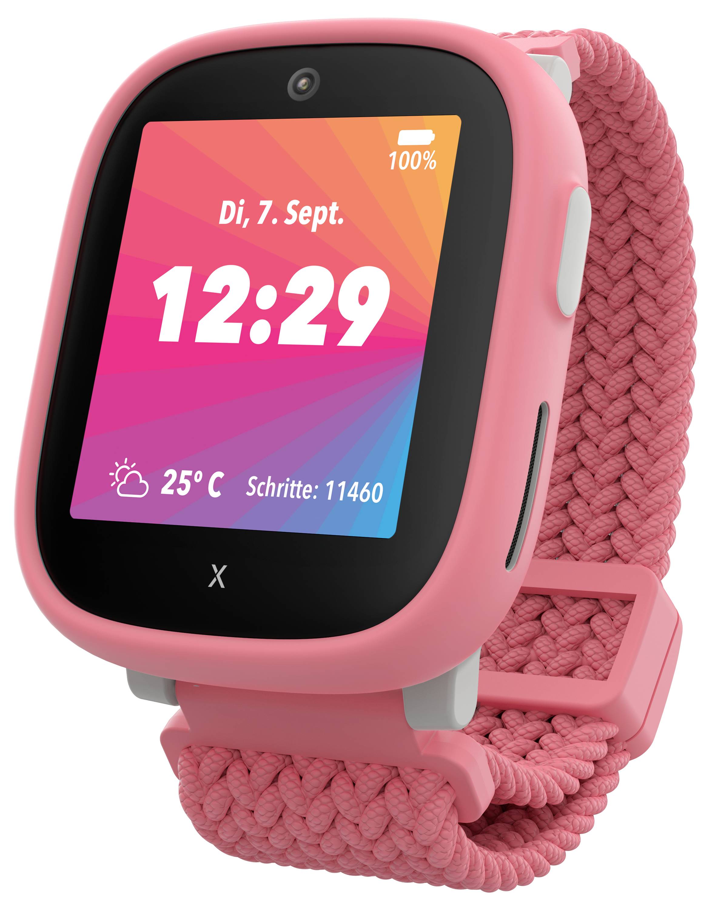 Eine pinke Smartwatch zeigt die Uhrzeit '12:29', Datum 'Di, 7. Sept.', Temperatur '25°C' und Schritte '11460'. Sie hat ein gewebtes Armband.