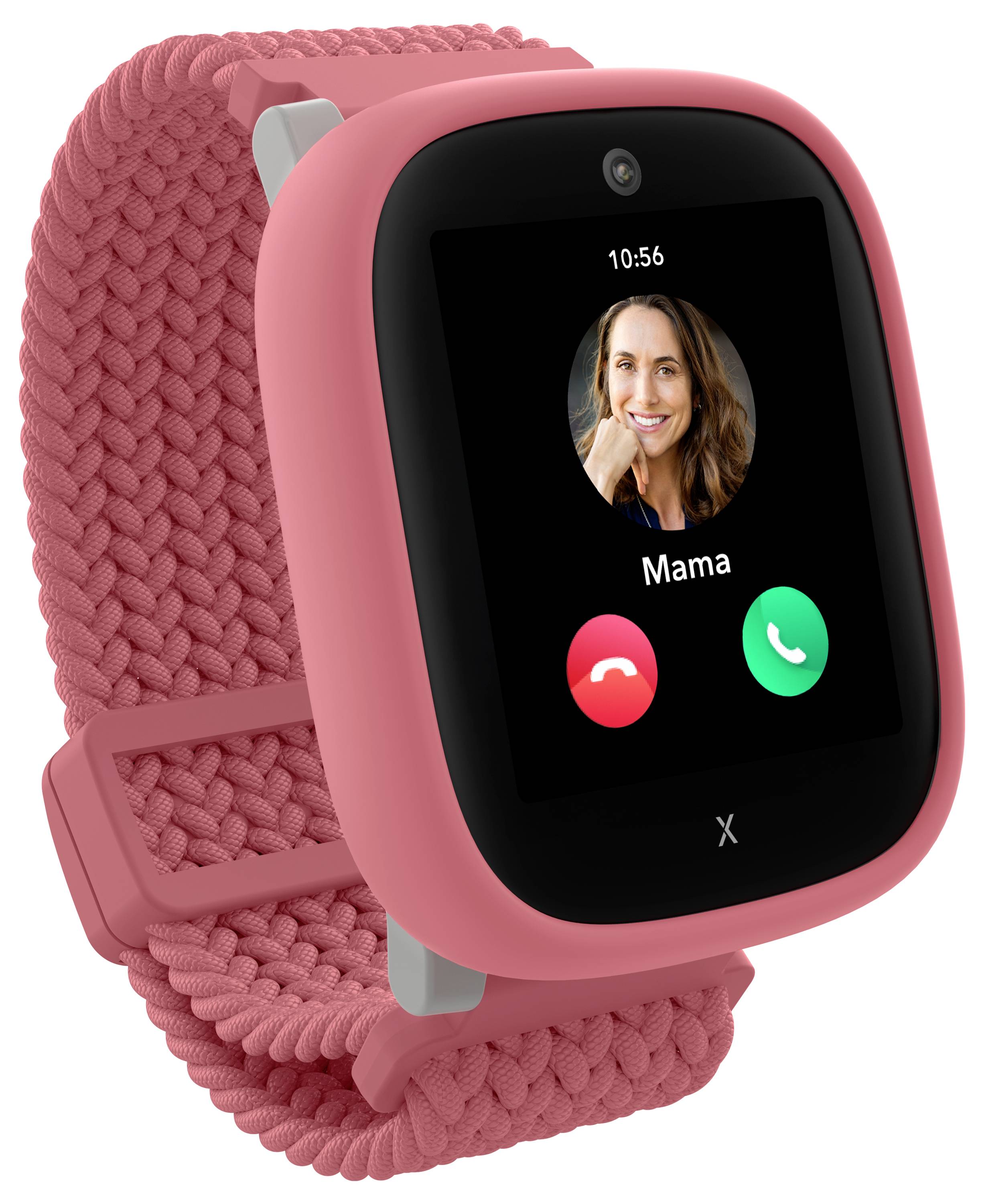 Eine rosa Smartwatch, die einen eingehenden Anruf mit einem Foto und dem Namen 'Mama' anzeigt, mit roten und grünen Annahme-/Ablehnungstasten.