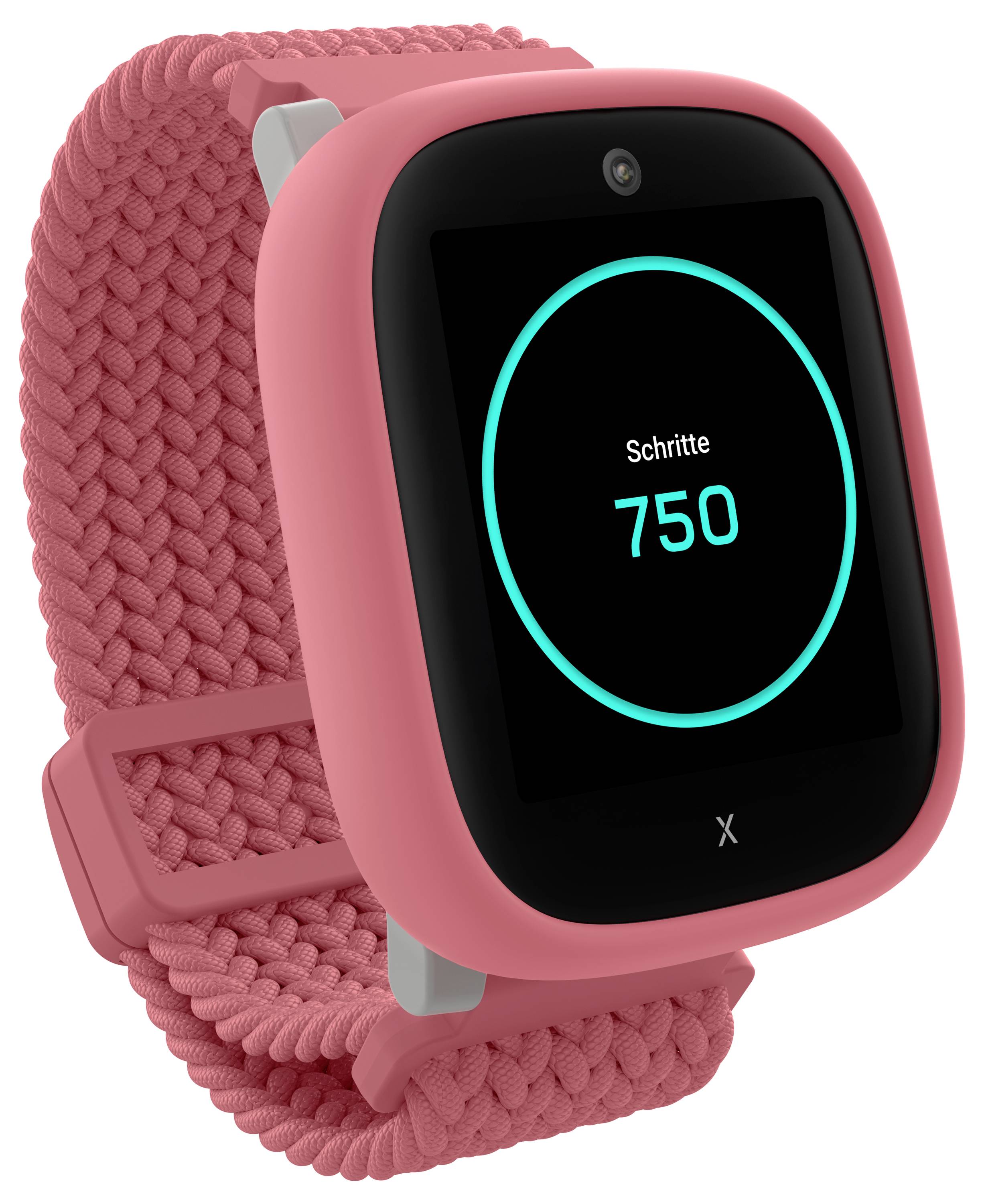 Eine rosa Smartwatch mit einem geflochtenen Armband. Der Bildschirm zeigt 'Schritte 750' und gibt an, dass der Träger 750 Schritte zurückgelegt hat.