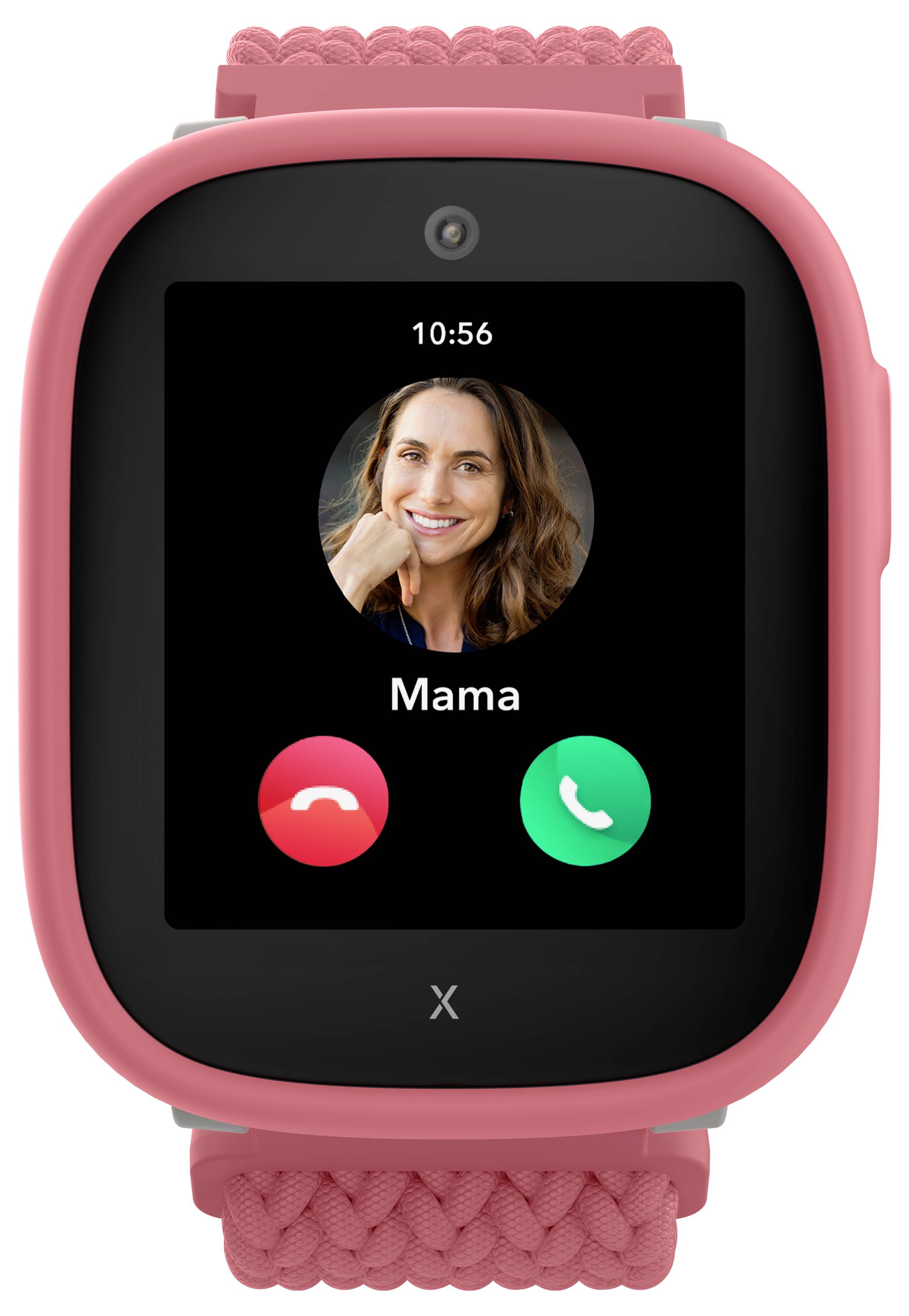 Smartwatch zeigt einen eingehenden Anruf von 'Mama' mit roten und grünen Tasten zum Ablehnen oder Annehmen, rosa Armband.