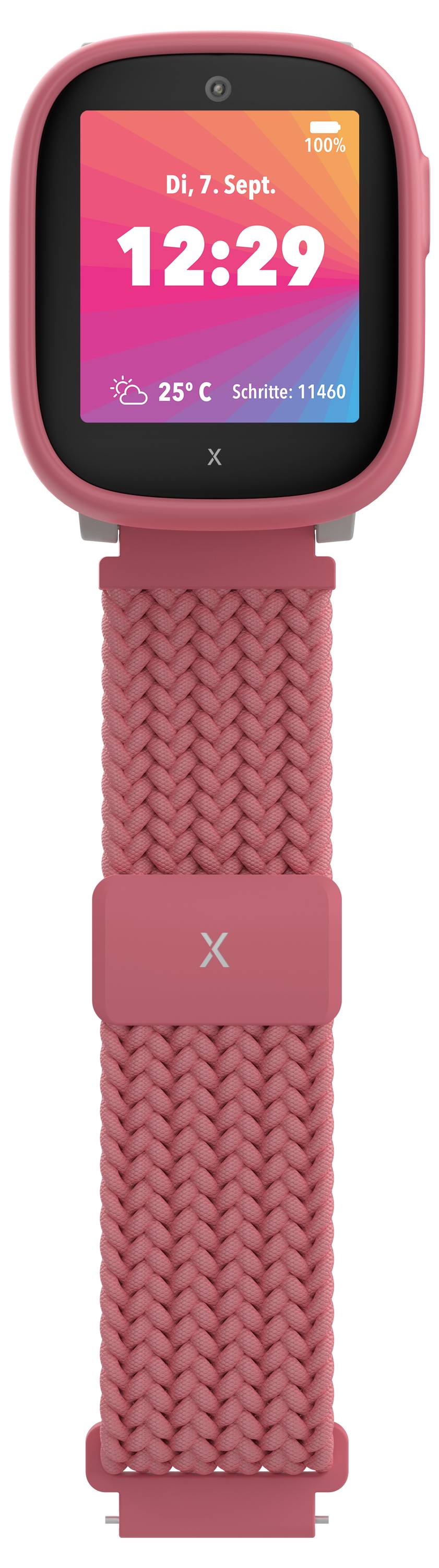 Eine rosa Smartwatch, die die Uhrzeit '12:29', das Datum 'Di, 7. Sept.', das Wetter '25°C' und die Schritte 'Schritte: 1160' anzeigt.