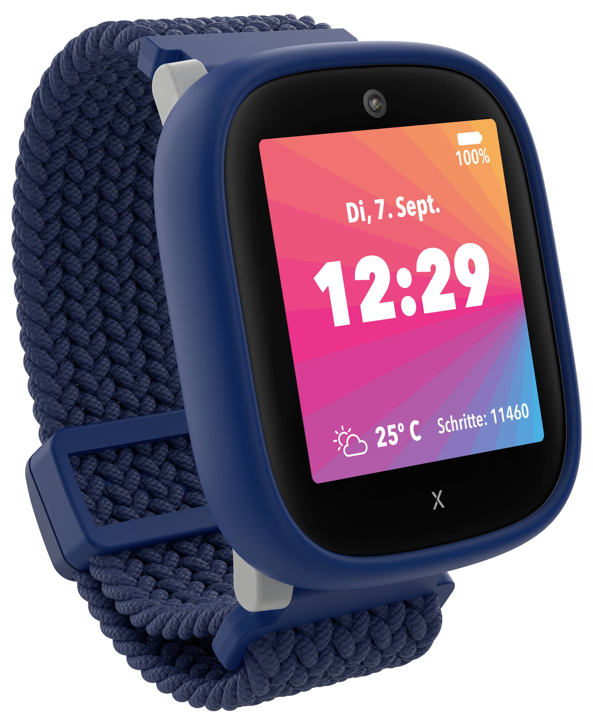 Eine blaue Smartwatch zeigt das Datum 'Di, 7. Sept.', die Zeit '12:29', die Temperatur '25°C' und die Schrittzahl '11.460'.