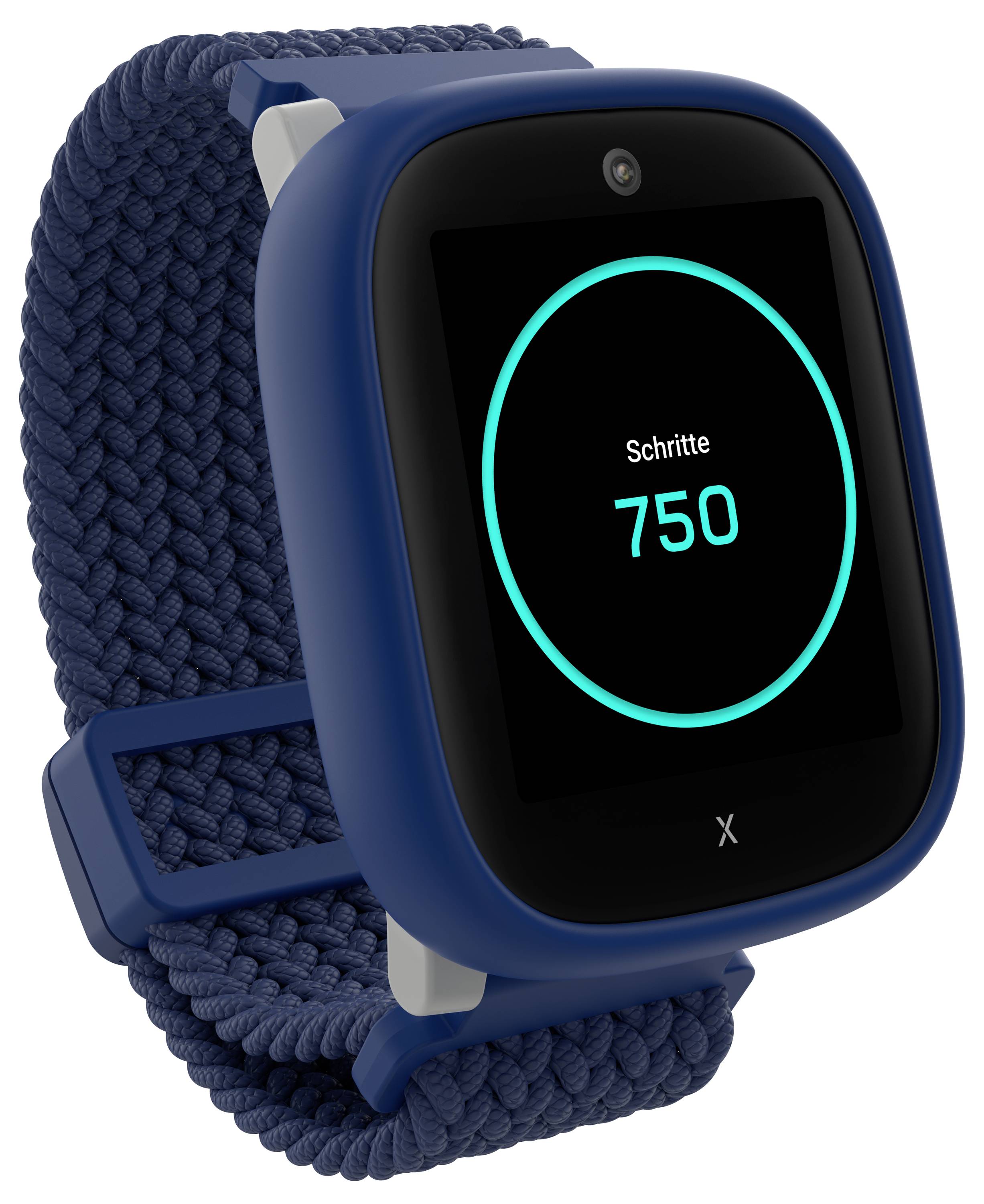 Ein blauer tragbarer Fitness-Tracker mit einem Display, auf dem 'Schritte 750' angezeigt wird, der die Schrittzahl anzeigt. Das Gerät verfügt über ein geflochtenes Armband.