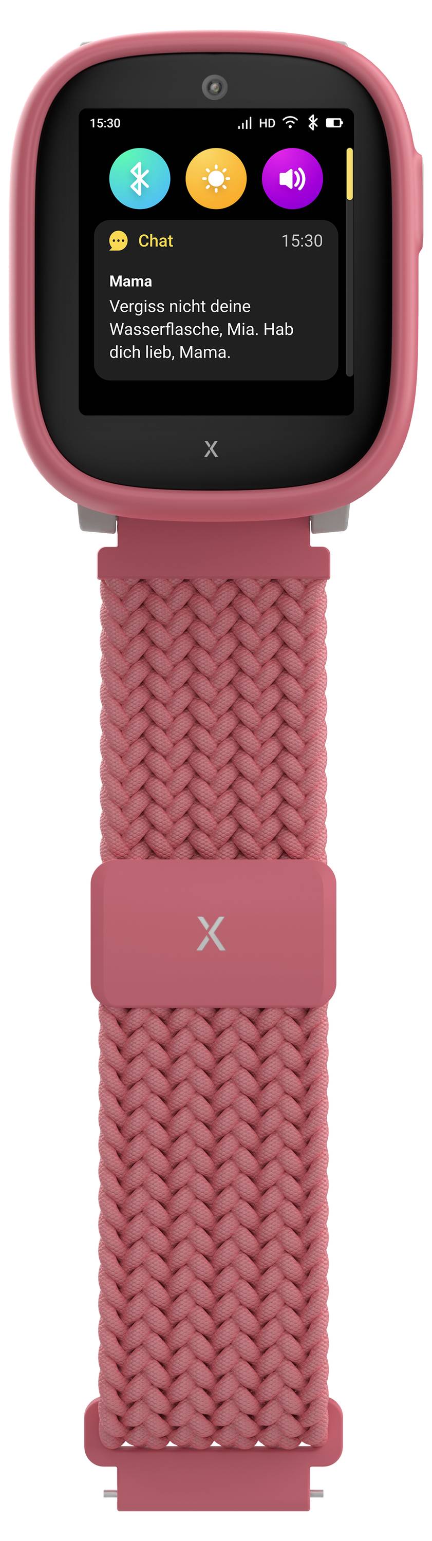 Eine Kindersmartwatch mit einem rosa Armband zeigt eine Benachrichtigungsmeldung auf dem Bildschirm, mit bunten Symbolen darüber, die Konnektivitätsfunktionen anzeigen.