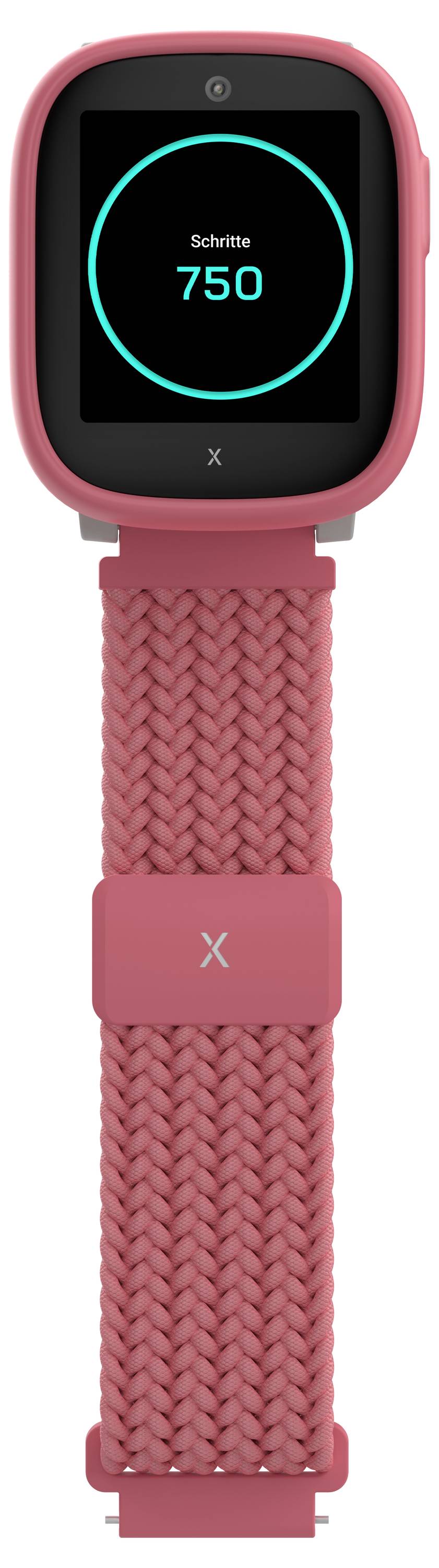 Eine Smartwatch mit einem rosa Armband zeigt '750 Schritte' auf dem Bildschirm an, was die Anzahl der zurückgelegten Schritte anzeigt.