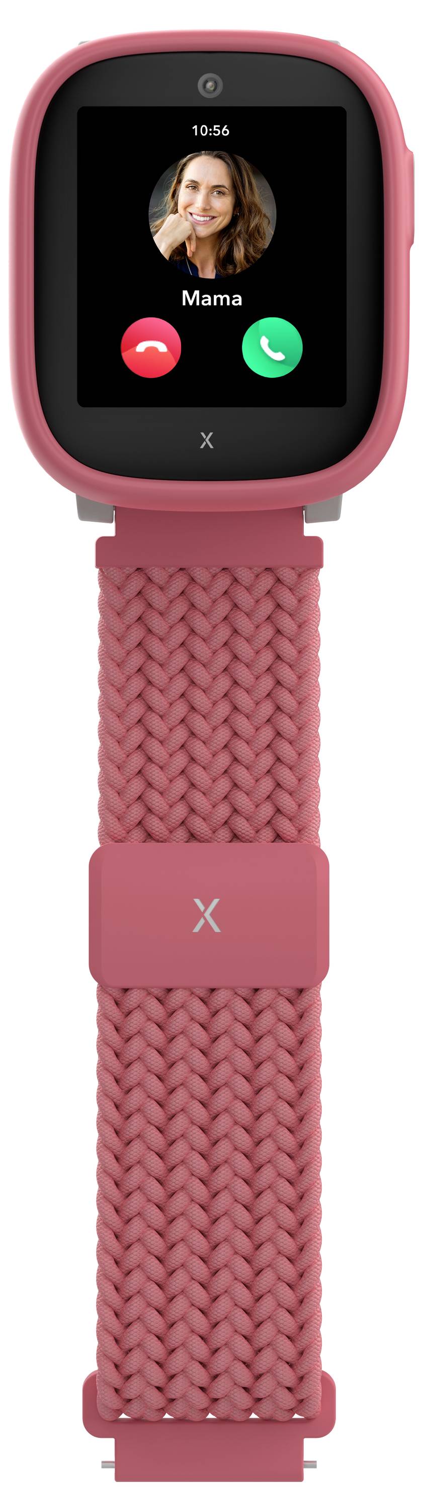 Eine Smartwatch, die einen eingehenden Anruf von Mama anzeigt, mit Tasten zum Ablehnen und Annehmen, mit einem rosa Armband und Gehäuse.