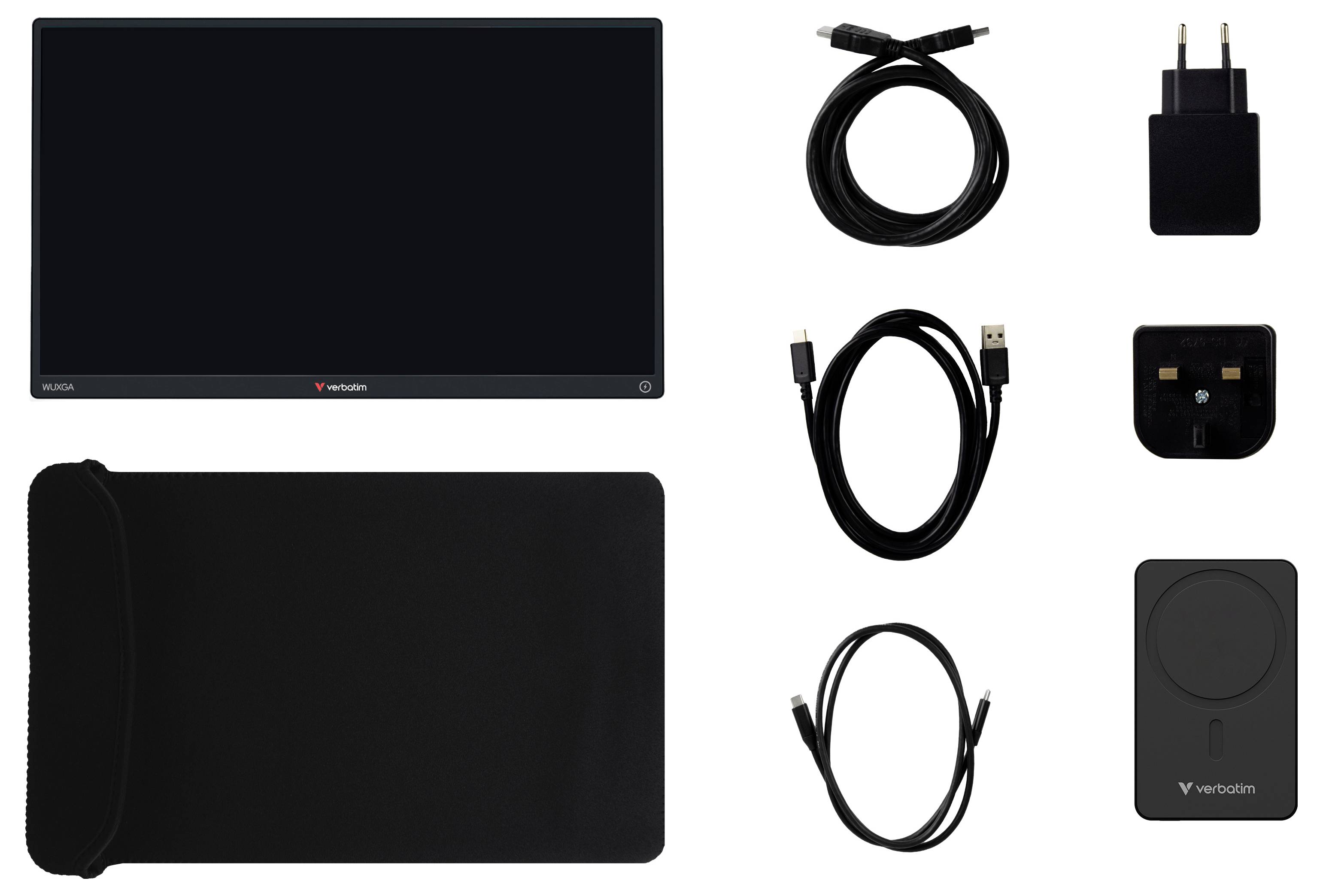 Ein Monitor mit verschiedenen Zubehörteilen, darunter eine Tragetasche, mehrere Kabel, ein Netzteil und eine drahtlose Ladeplatte.