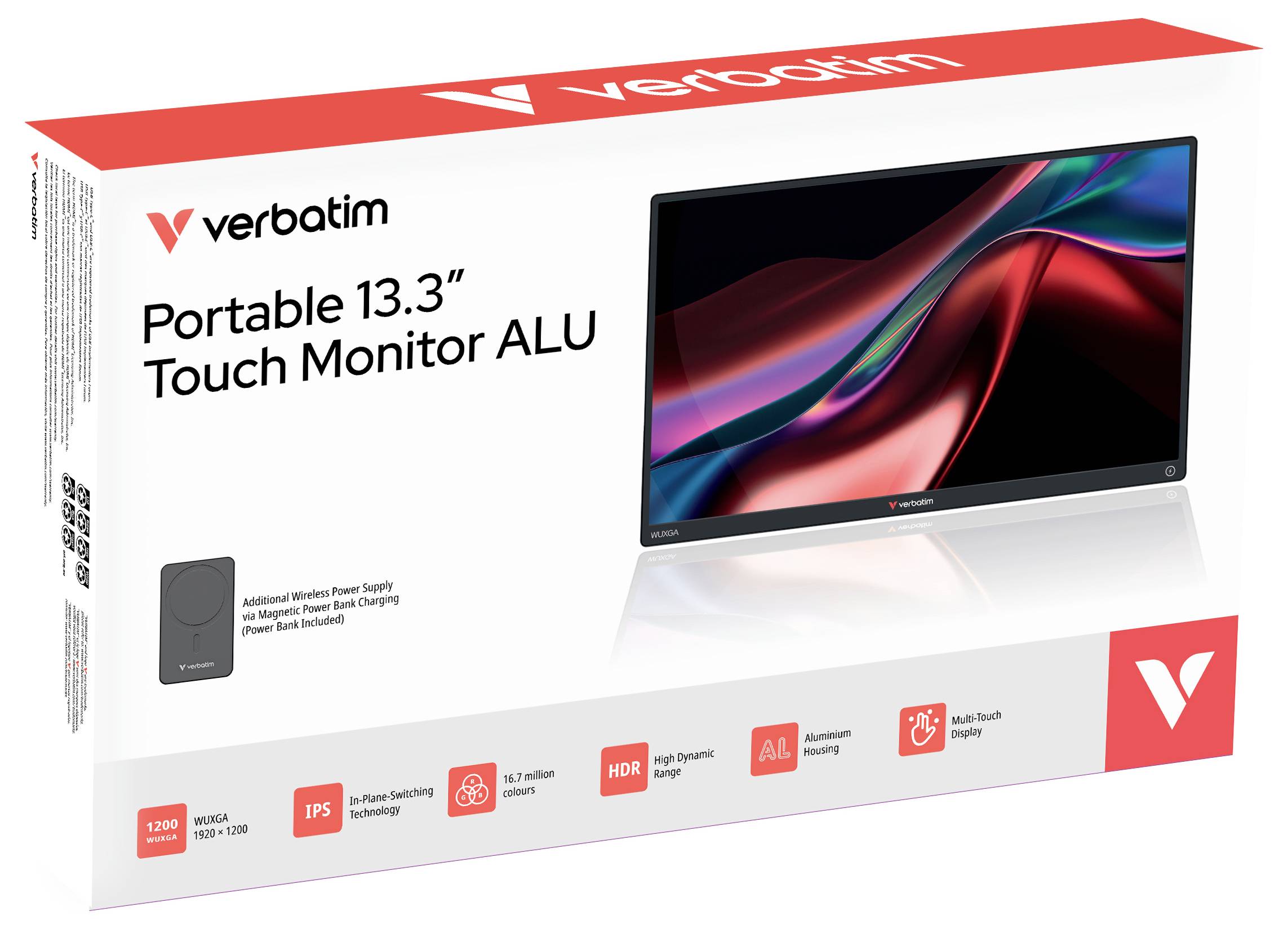 Verpackung des 'Verbatim Portable 13,3" Touch Monitor ALU' zeigt Bildschirmansicht, Merkmale wie IPS, HDR und einen magnetischen Deckel.