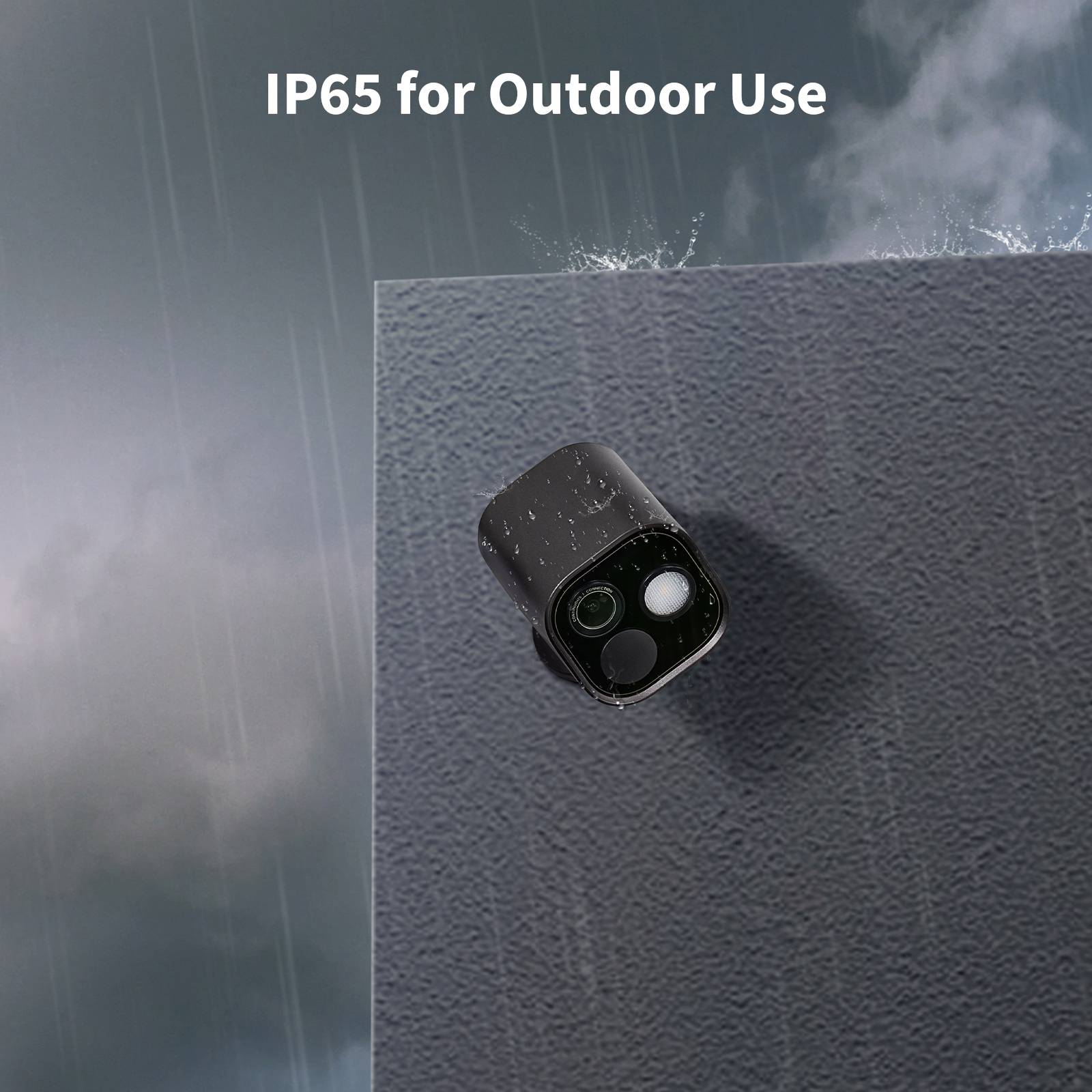 Überwachungskamera an einer Wand montiert im Regen, mit Text 'IP65 für den Außenbereich' der wetterfeste Eigenschaften anzeigt.