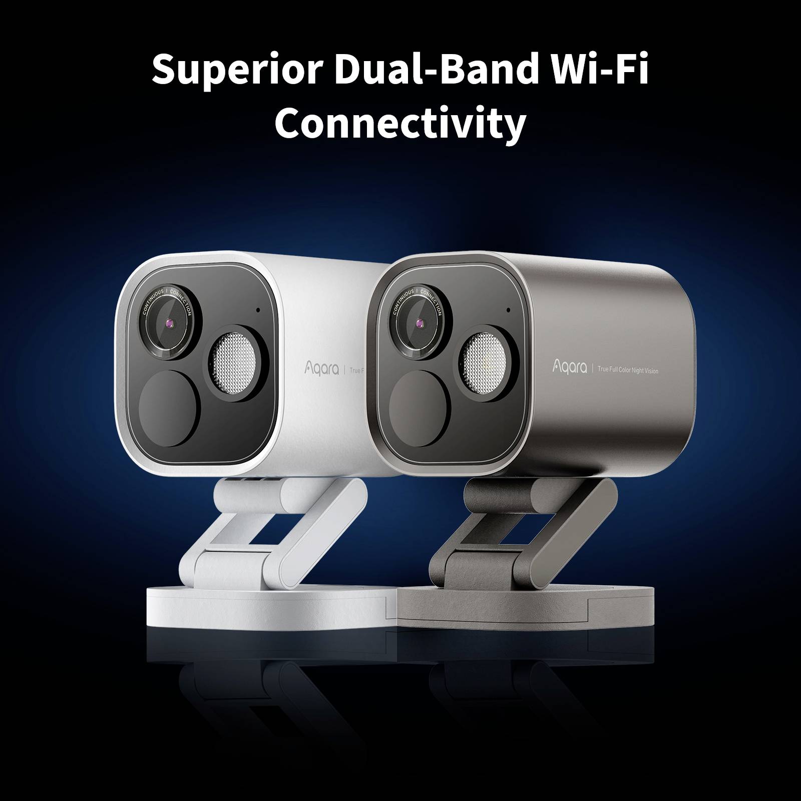 'Überlegene Dual-Band-WLAN-Konnektivität' mit zwei Kameras auf verstellbaren Halterungen vor dunklem Hintergrund.