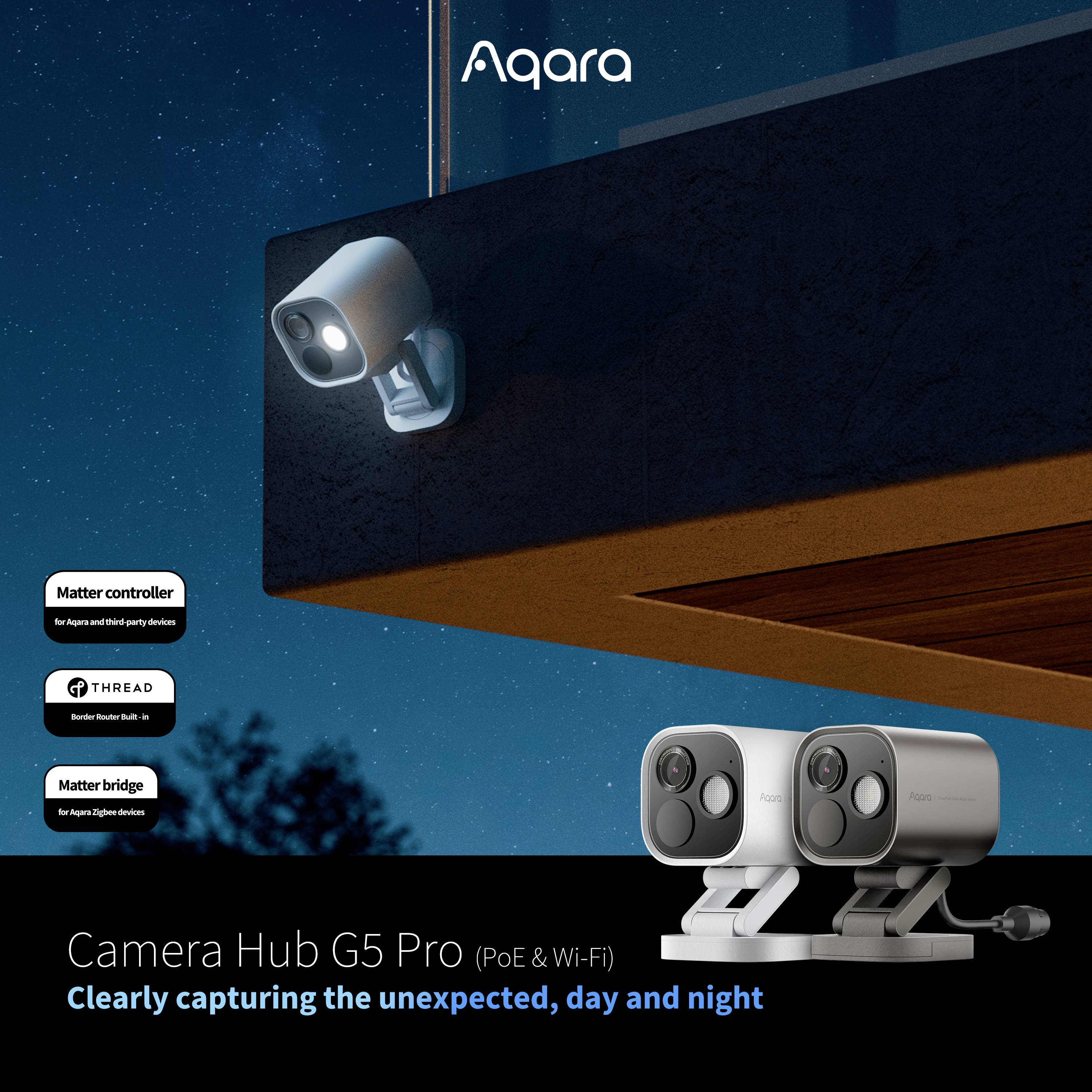 Aqara Camera Hub G5 Pro an einer Hausecke bei Nacht, mit Betonung auf Sicherheit und dem Slogan „Das Unerwartete klar erfassen, Tag und Nacht".